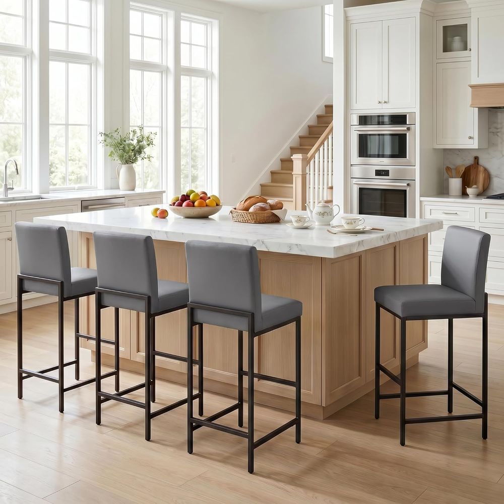 Set of 4 Grey Upholstered Leat - Home Bar Stools ulasan dan harga